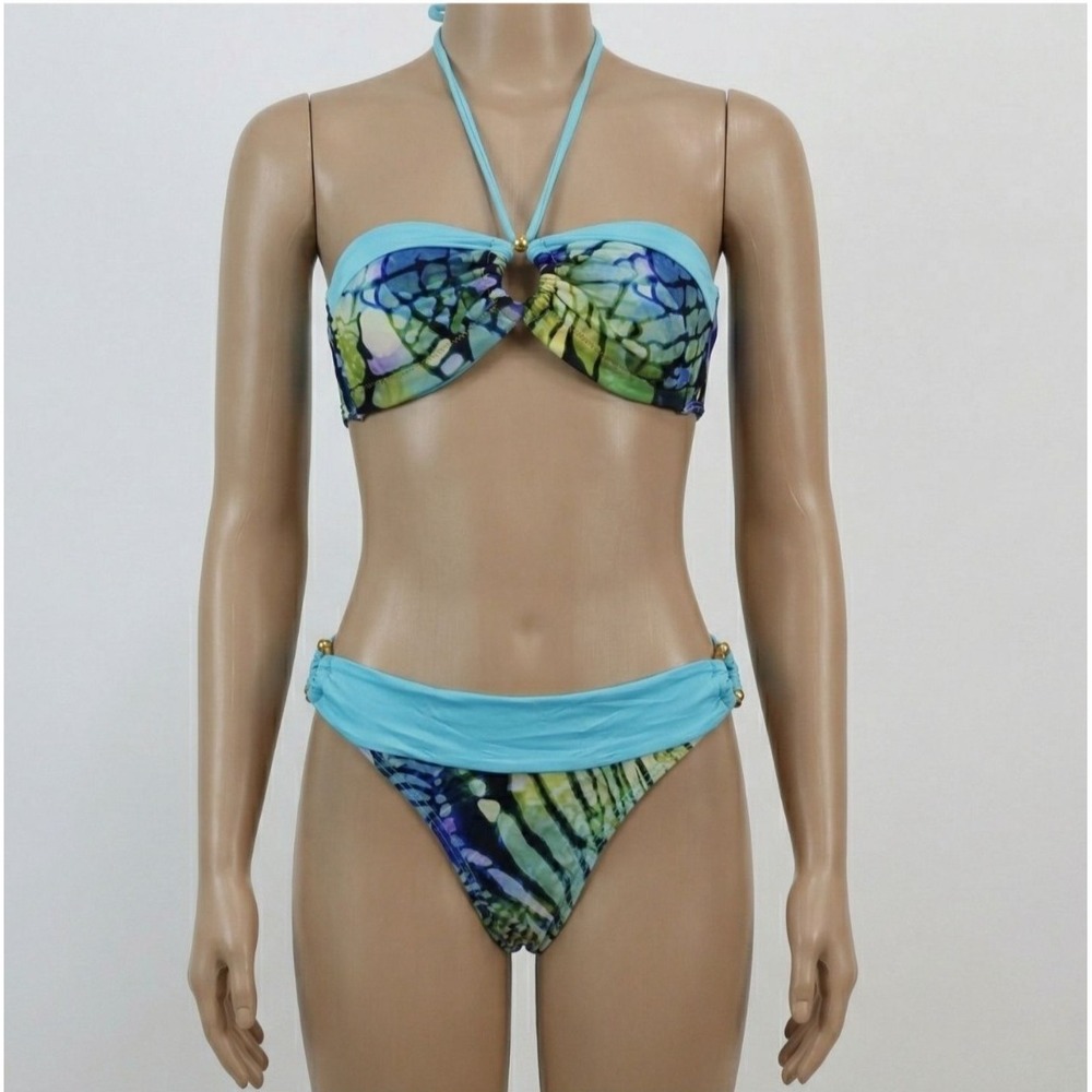 Blue Bikini Set Women S MILAGUA Halter Bandeau Gold Ring Sexy Cheeky Latina NEWS